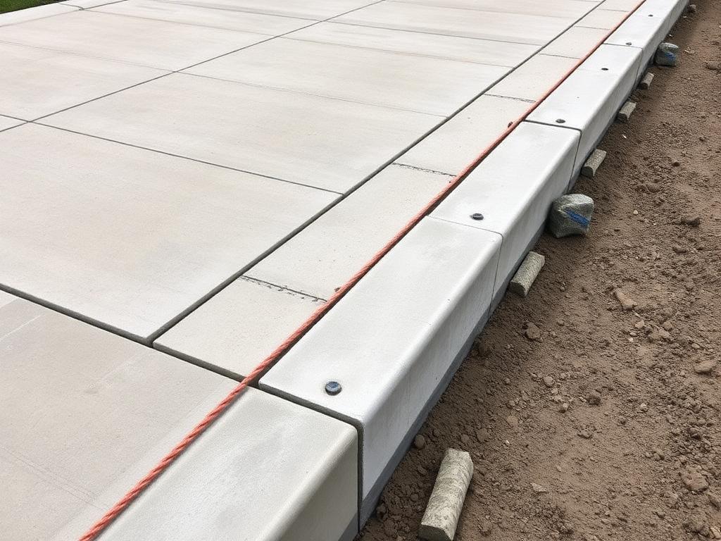 Osazování betonových obrubníků do betonového lože podél dlážděné plochy